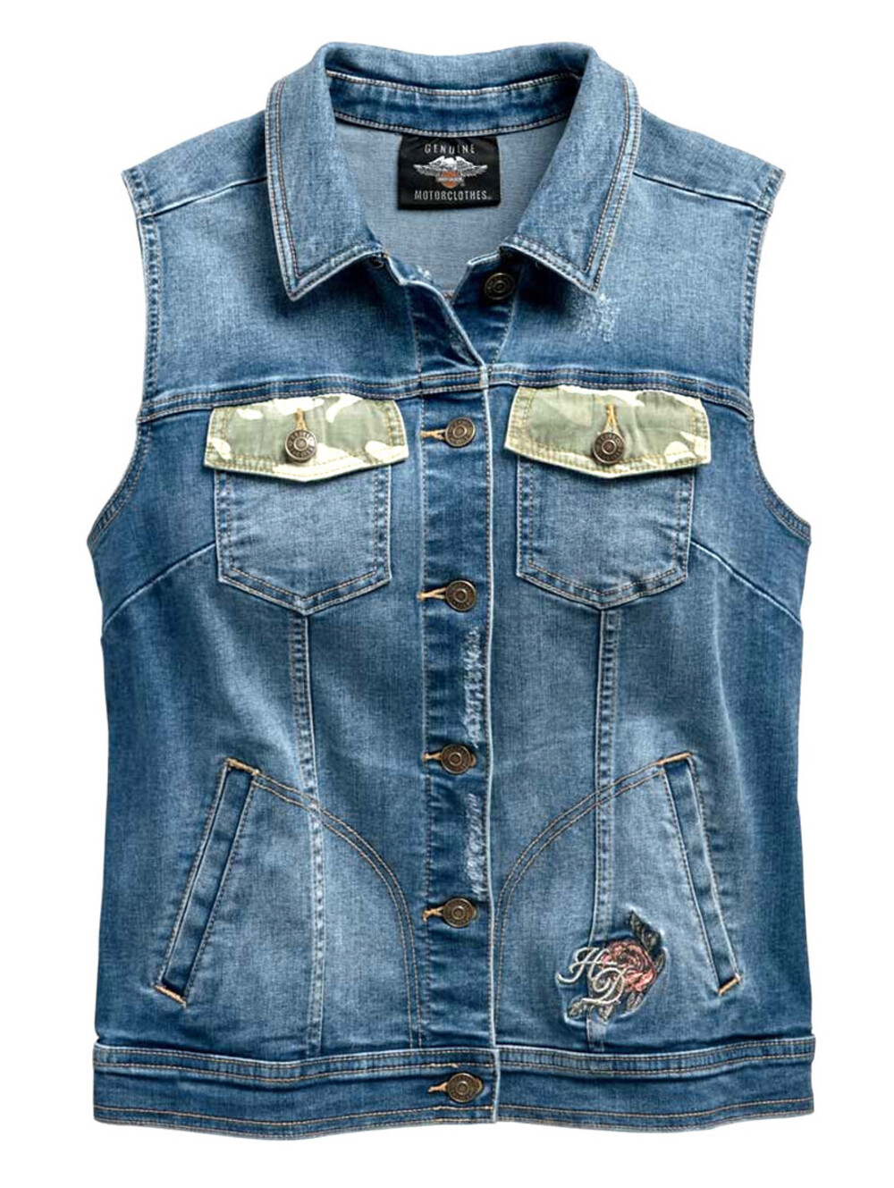 harley davidson vest M blue cotton denim camo distressed button pockets roses
